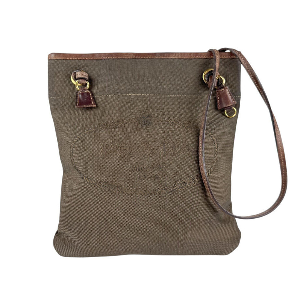 Prada shoulder bag brown logo jacquard canvas leather